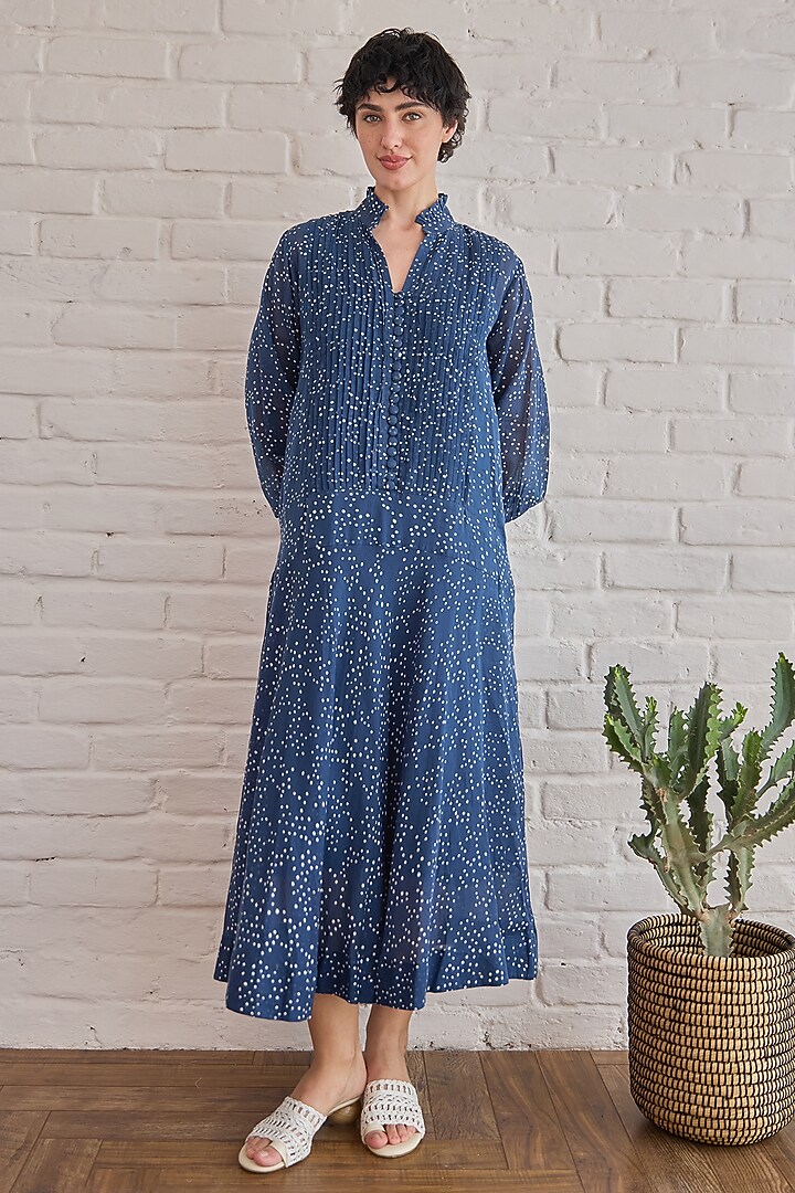 Blue Cotton Mulmul Hand Block Printed Summer Dress by TARO at Pernia's Pop Up Shop