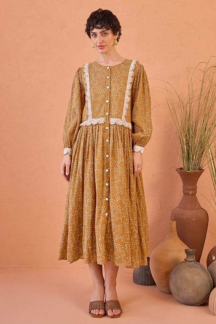 Yellow Cotton Mulmul Hand Block Printed Summer Dress by TARO at Pernia's Pop Up Shop