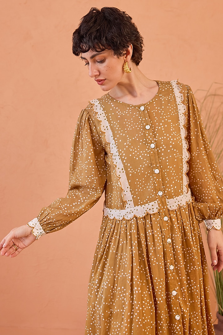 Yellow Cotton Mulmul Hand Block Printed Summer Dress by TARO at Pernia's Pop Up Shop