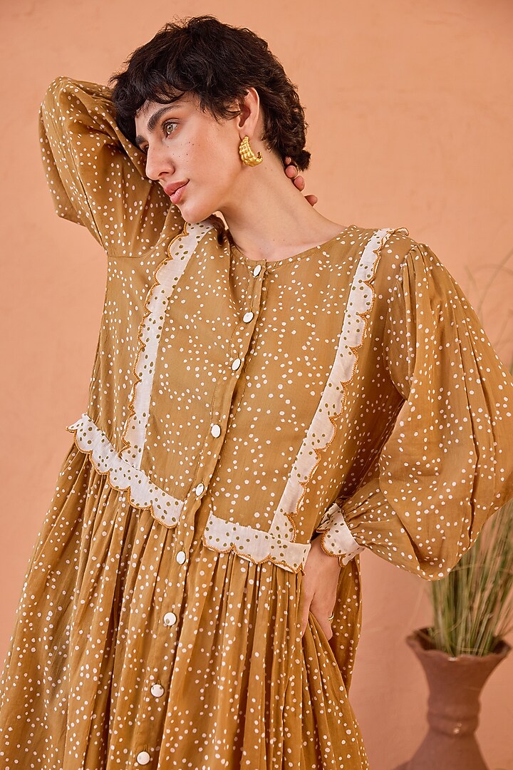 Yellow Cotton Mulmul Hand Block Printed Summer Dress by TARO at Pernia's Pop Up Shop
