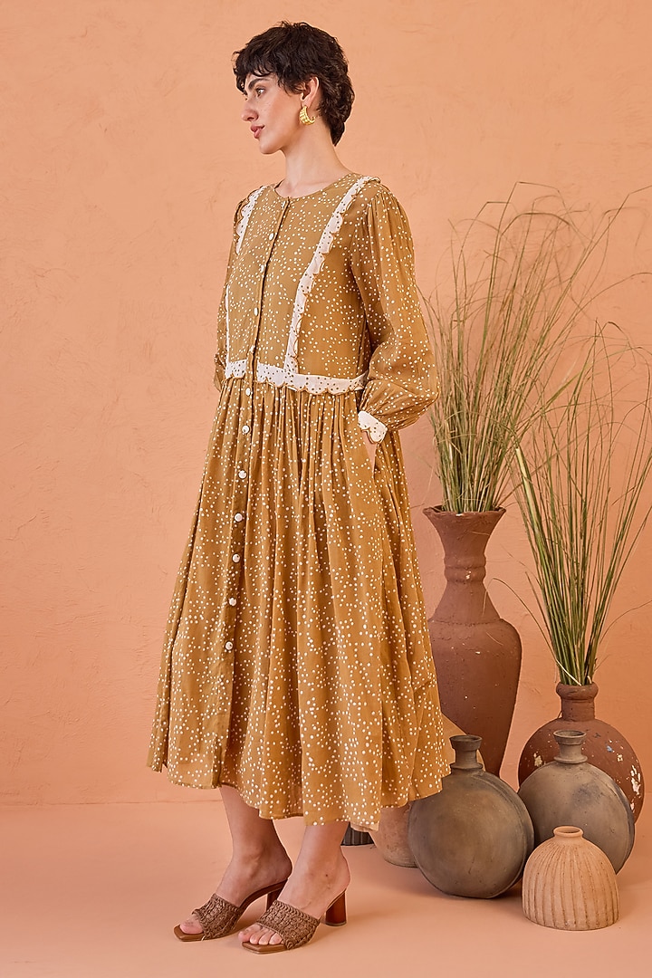Yellow Cotton Mulmul Hand Block Printed Summer Dress by TARO at Pernia's Pop Up Shop