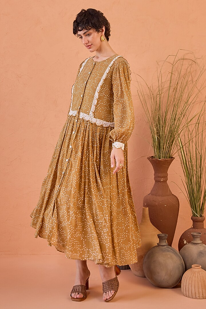Yellow Cotton Mulmul Hand Block Printed Summer Dress by TARO at Pernia's Pop Up Shop