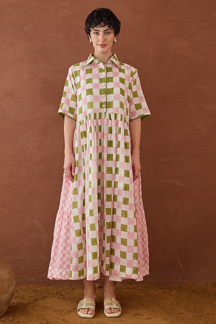 Pink & Green Cotton Mulmul Hand Block Printed Summer Shirt Dress by TARO at Pernia's Pop Up Shop