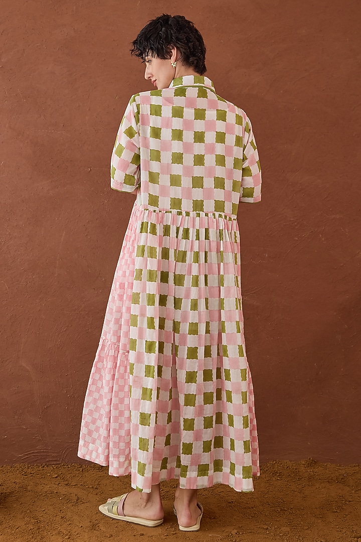 Pink & Green Cotton Mulmul Hand Block Printed Summer Shirt Dress by TARO at Pernia's Pop Up Shop