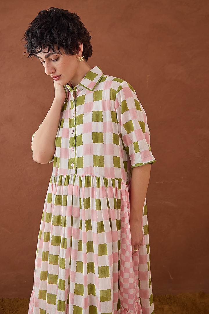 Pink & Green Cotton Mulmul Hand Block Printed Summer Shirt Dress by TARO at Pernia's Pop Up Shop