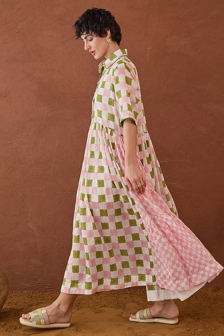 Pink & Green Cotton Mulmul Hand Block Printed Summer Shirt Dress by TARO at Pernia's Pop Up Shop
