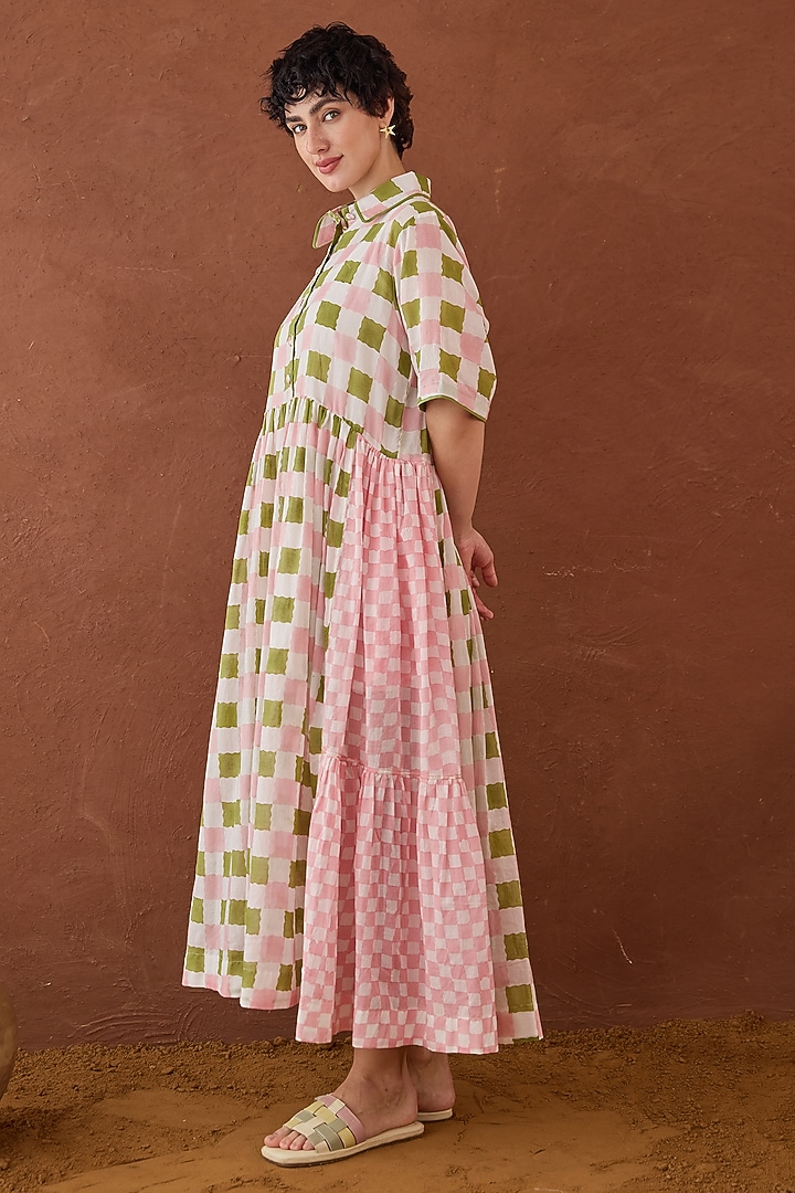 Pink & Green Cotton Mulmul Hand Block Printed Summer Shirt Dress by TARO at Pernia's Pop Up Shop