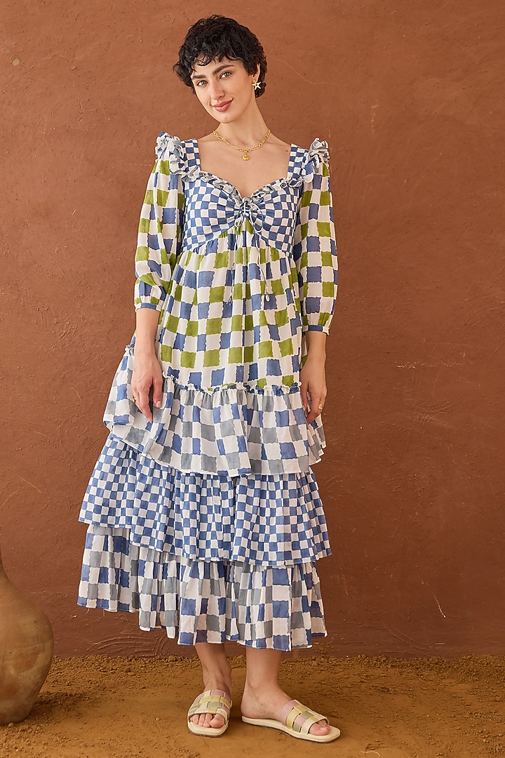 Multi-Coloured Cotton Mulmul Hand Block Printed Summer Dress by TARO at Pernia's Pop Up Shop