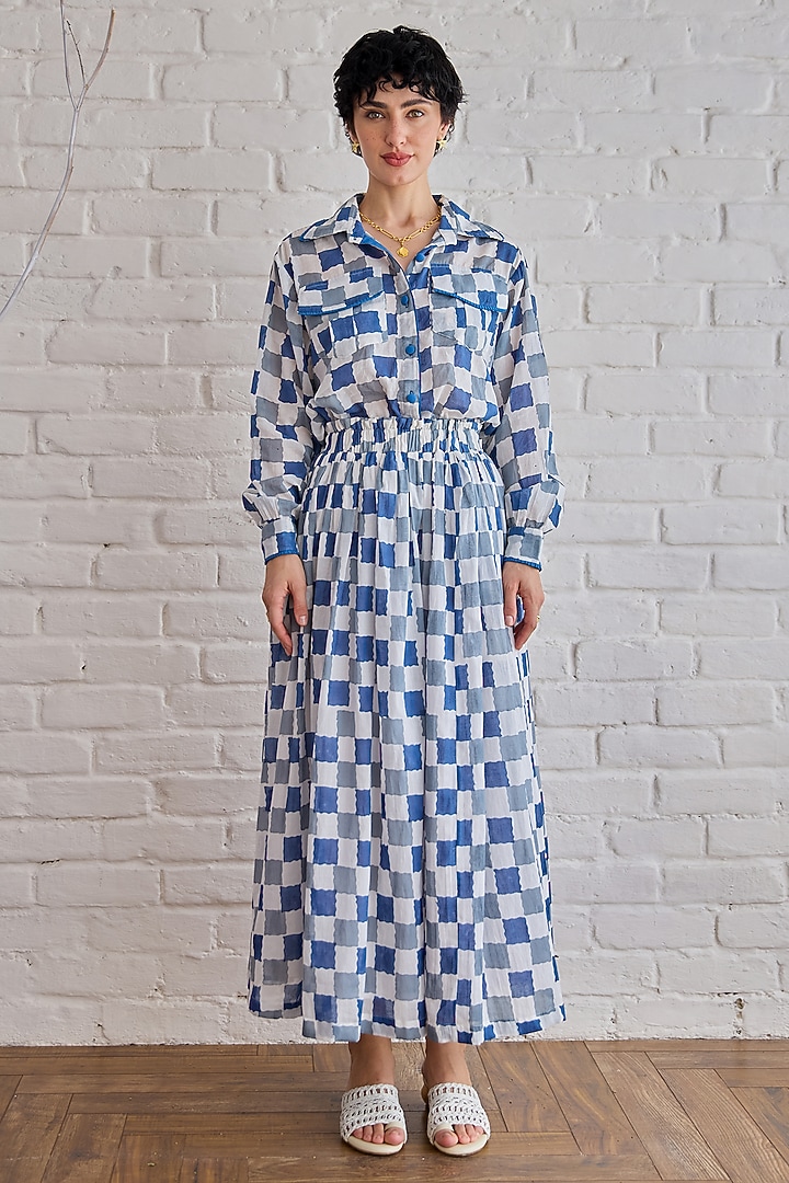 Blue Cotton Mulmul Hand Block Printed Checkered Skirt Set by TARO at Pernia's Pop Up Shop