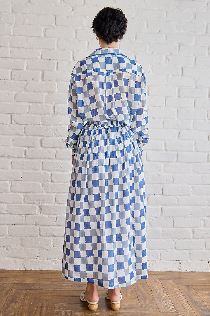 Blue Cotton Mulmul Hand Block Printed Checkered Skirt Set by TARO at Pernia's Pop Up Shop