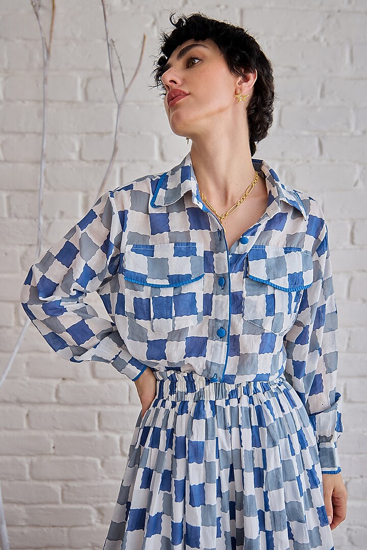 Blue Cotton Mulmul Hand Block Printed Checkered Skirt Set by TARO at Pernia's Pop Up Shop