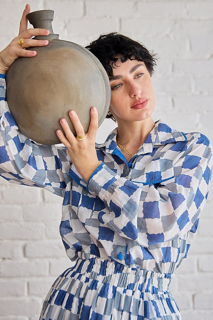 Blue Cotton Mulmul Hand Block Printed Checkered Skirt Set by TARO at Pernia's Pop Up Shop