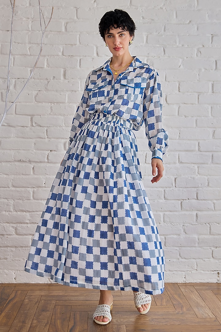 Blue Cotton Mulmul Hand Block Printed Checkered Skirt Set by TARO at Pernia's Pop Up Shop