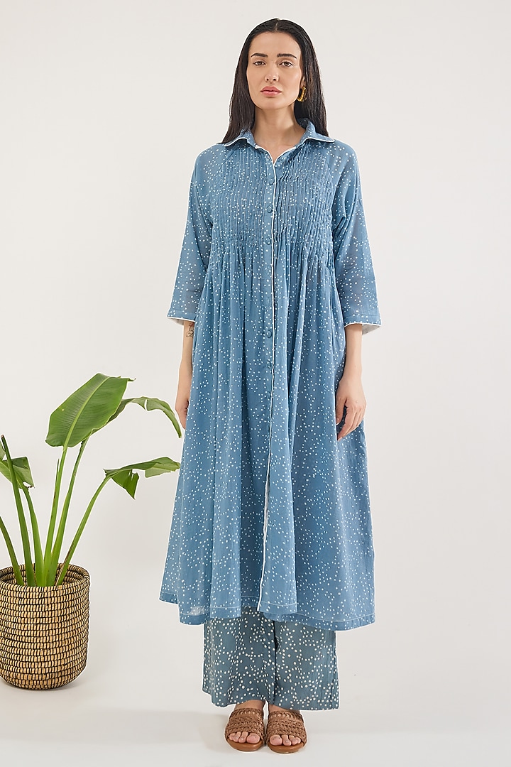 Blue Cotton Mulmul Hand Block Printed Kurta by TARO at Pernia's Pop Up Shop