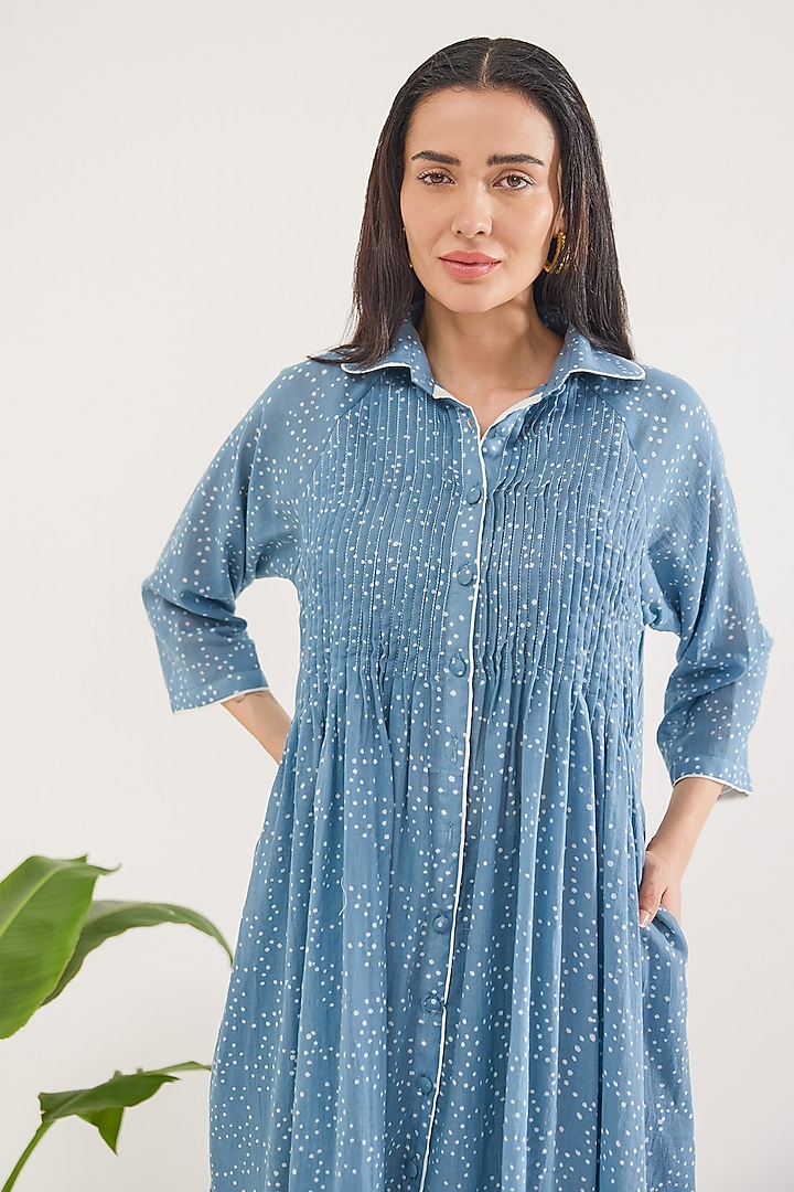 Blue Cotton Mulmul Hand Block Printed Kurta by TARO at Pernia's Pop Up Shop