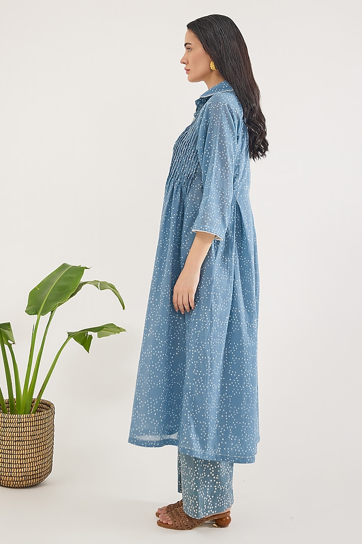 Blue Cotton Mulmul Hand Block Printed Kurta Set by TARO at Pernia's Pop Up Shop