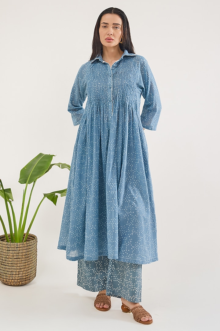 Blue Cotton Mulmul Hand Block Printed Kurta Set by TARO at Pernia's Pop Up Shop