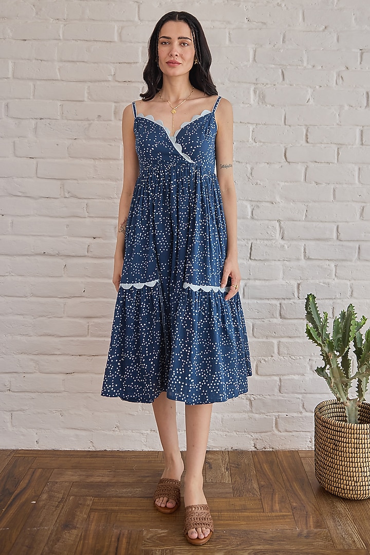 Royal Blue Cotton Mulmul Hand Block Printed Summer Dress by TARO at Pernia's Pop Up Shop