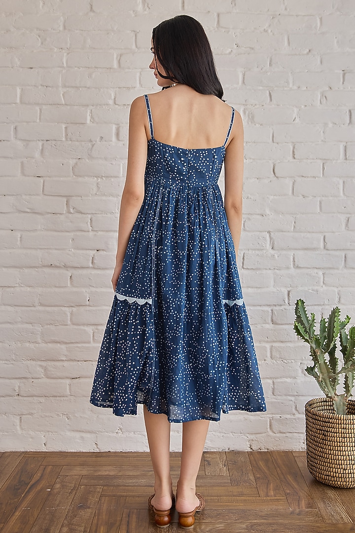 Royal Blue Cotton Mulmul Hand Block Printed Summer Dress by TARO at Pernia's Pop Up Shop