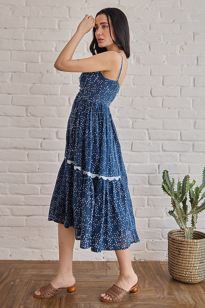Royal Blue Cotton Mulmul Hand Block Printed Summer Dress by TARO at Pernia's Pop Up Shop