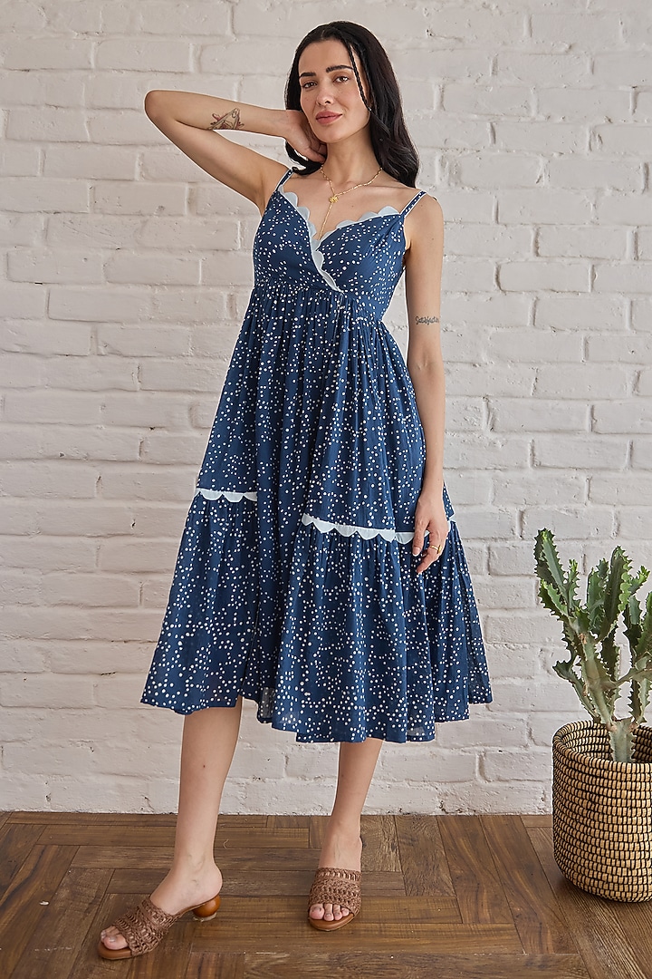 Royal Blue Cotton Mulmul Hand Block Printed Summer Dress by TARO at Pernia's Pop Up Shop
