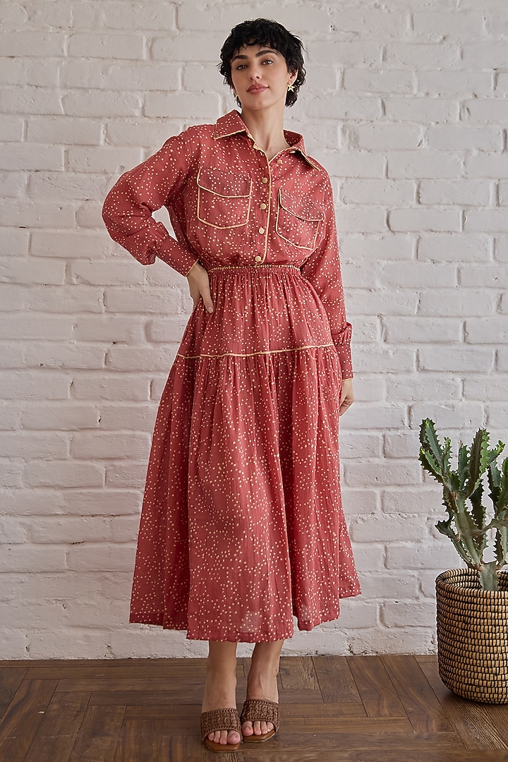 Red Cotton Mulmul Hand Block Printed Skirt Set by TARO at Pernia's Pop Up Shop