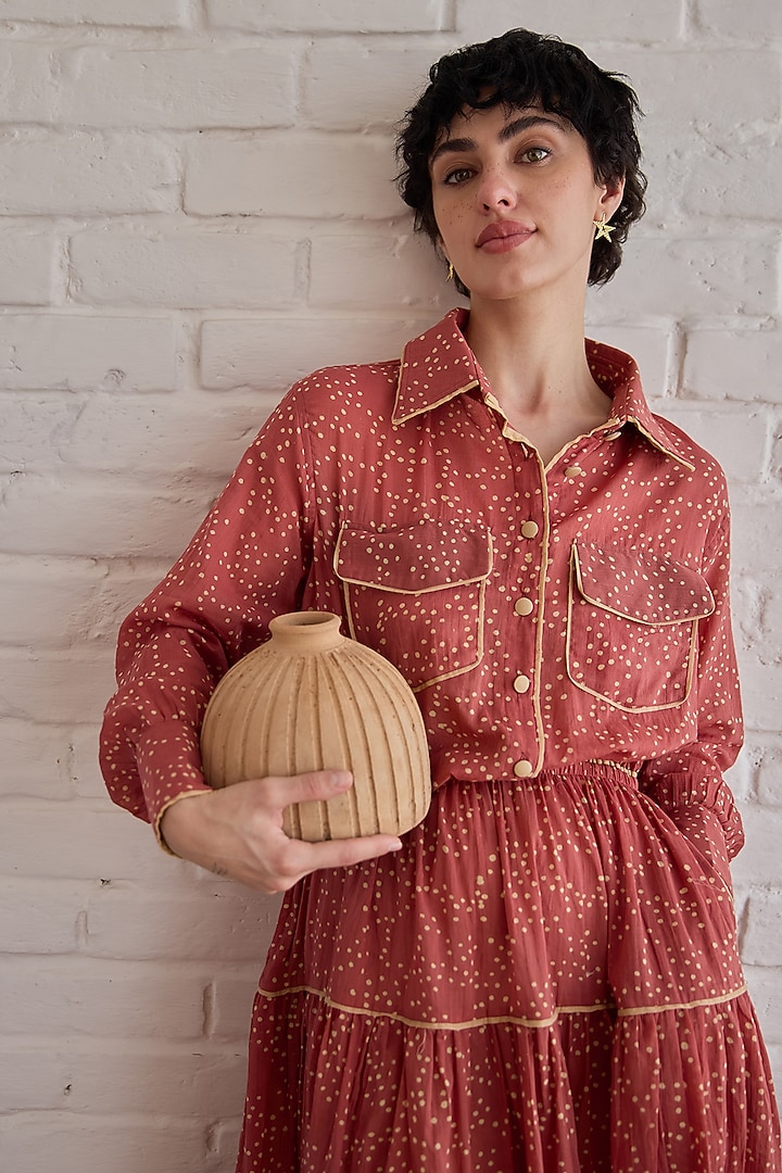Red Cotton Mulmul Hand Block Printed Skirt Set by TARO at Pernia's Pop Up Shop