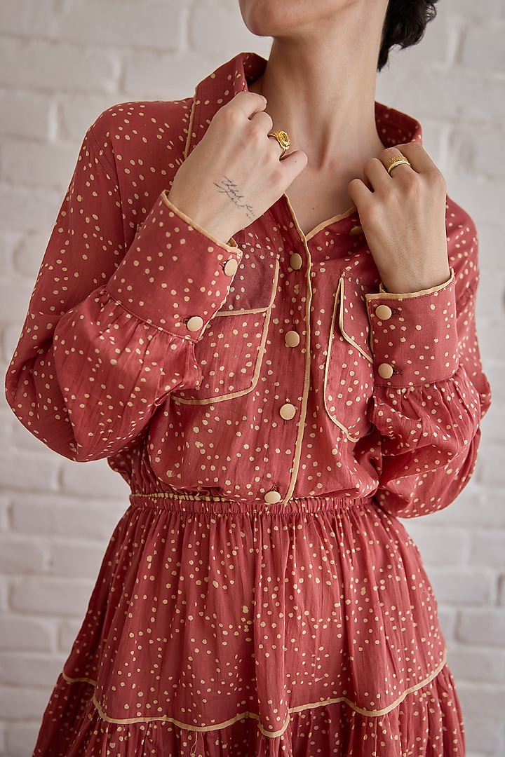 Red Cotton Mulmul Hand Block Printed Skirt Set by TARO at Pernia's Pop Up Shop