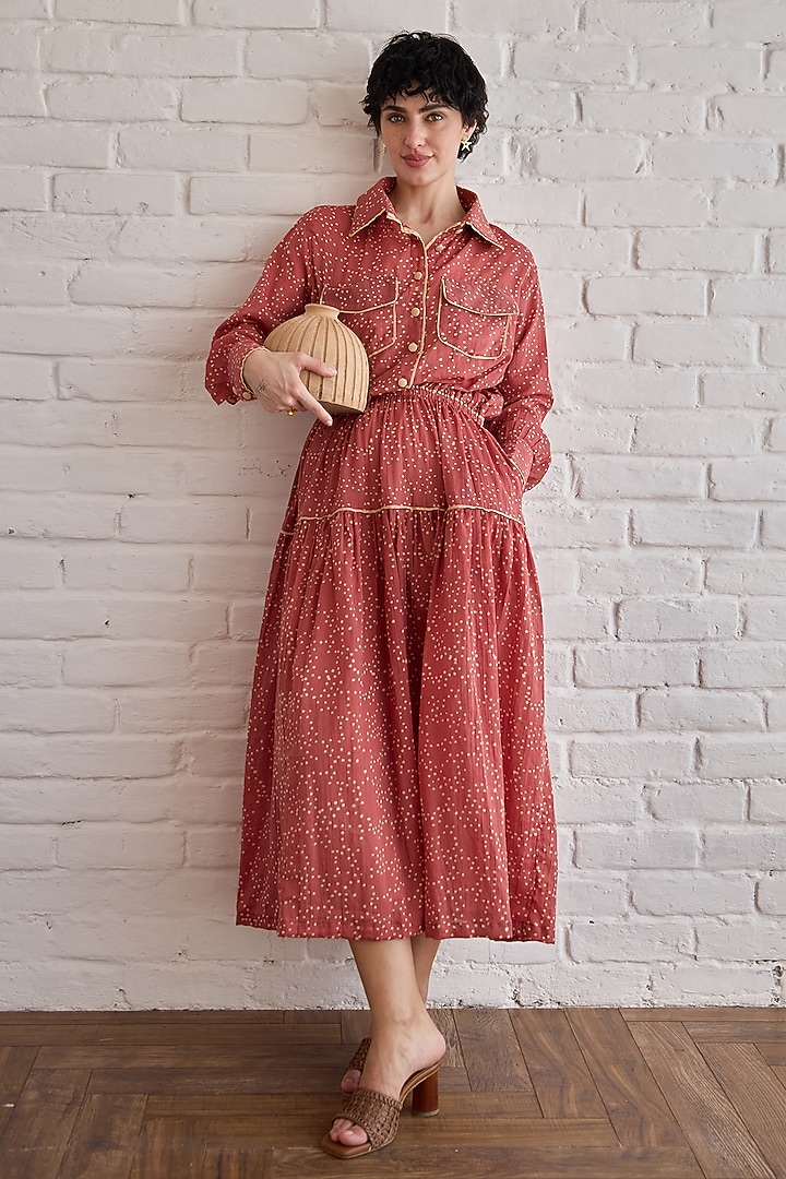 Red Cotton Mulmul Hand Block Printed Skirt Set by TARO at Pernia's Pop Up Shop