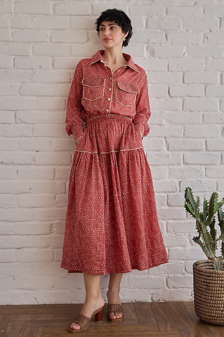 Red Cotton Mulmul Hand Block Printed Shirt by TARO at Pernia's Pop Up Shop