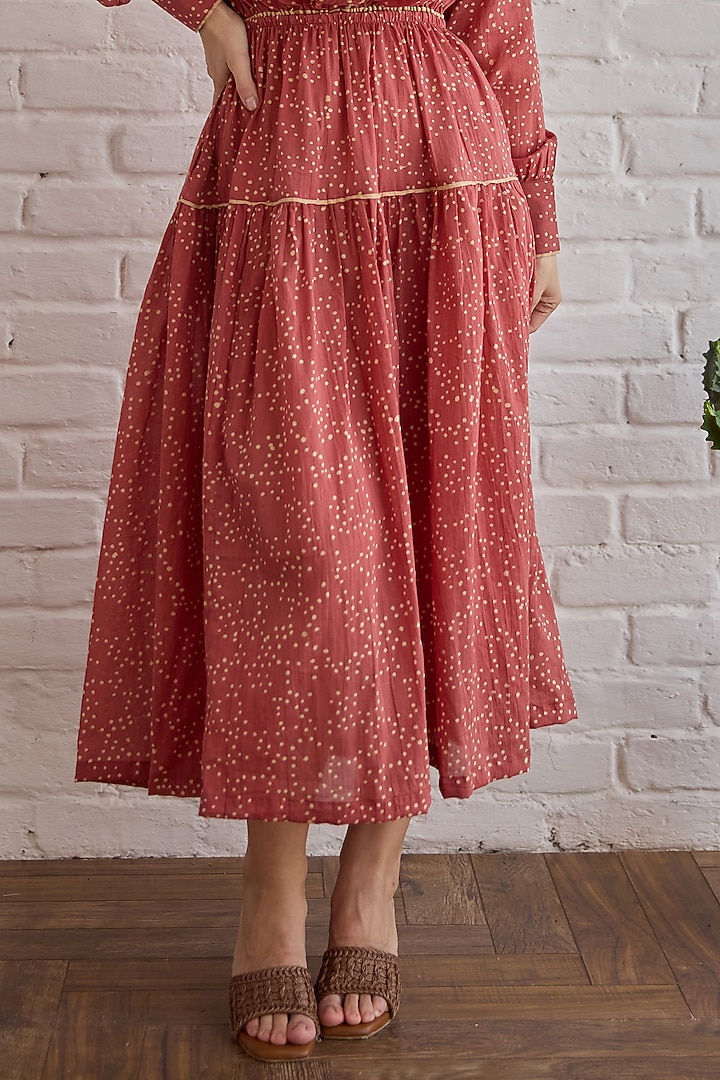 Red Cotton Mulmul Hand Block Printed Midi Skirt by TARO at Pernia's Pop Up Shop