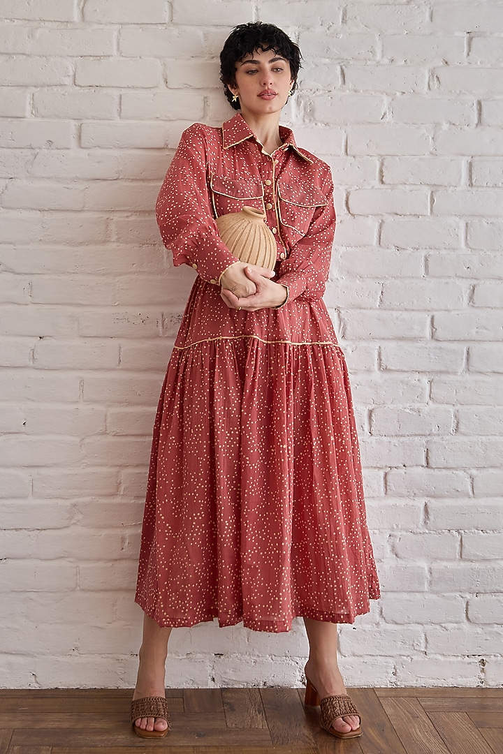 Red Cotton Mulmul Hand Block Printed Midi Skirt by TARO at Pernia's Pop Up Shop