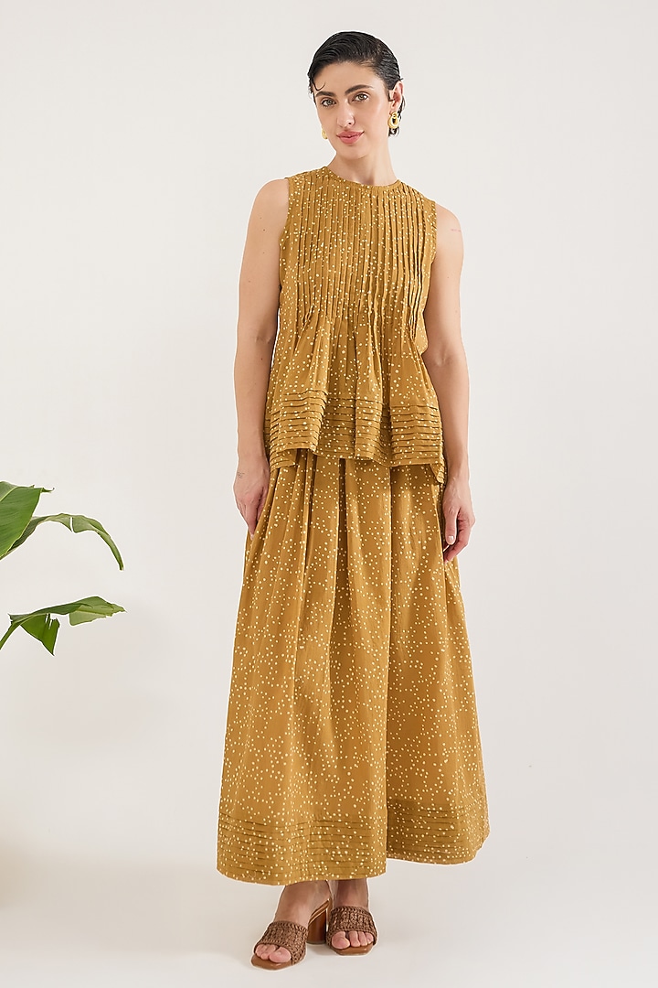 Yellow Cotton Mulmul Hand Block Printed Skirt by TARO at Pernia's Pop Up Shop