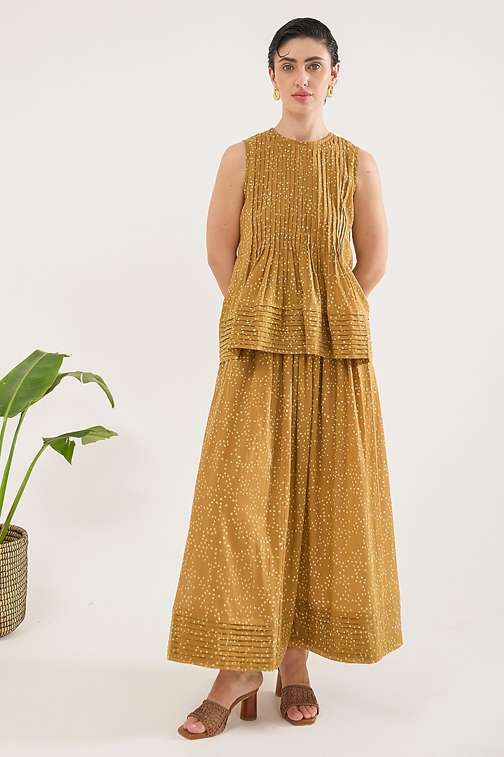Yellow Cotton Mulmul Hand Block Printed Skirt by TARO at Pernia's Pop Up Shop