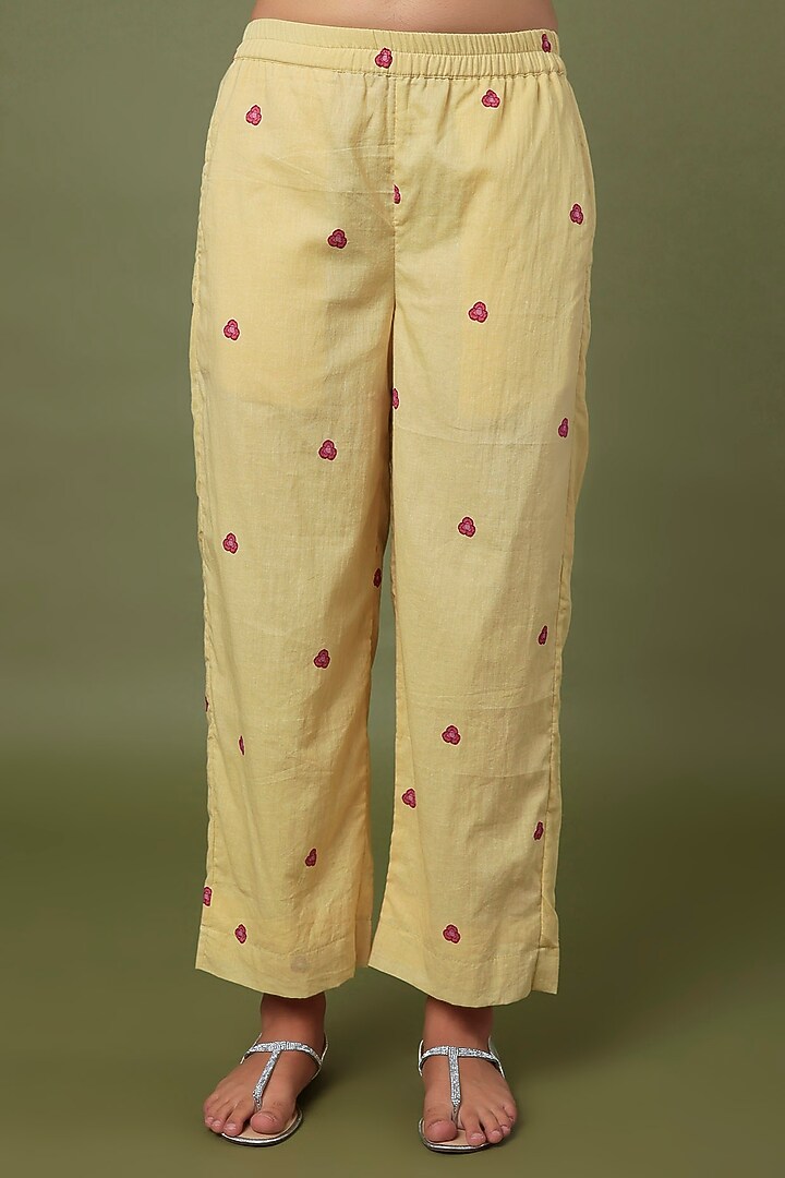 Yellow Hand Embroidered & Printed Kurta Set by TARO at Pernia's Pop Up Shop