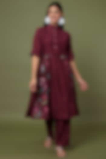 Wine Red Hand Embroidered & Printed Shirt Kurta Set by TARO at Pernia's Pop Up Shop