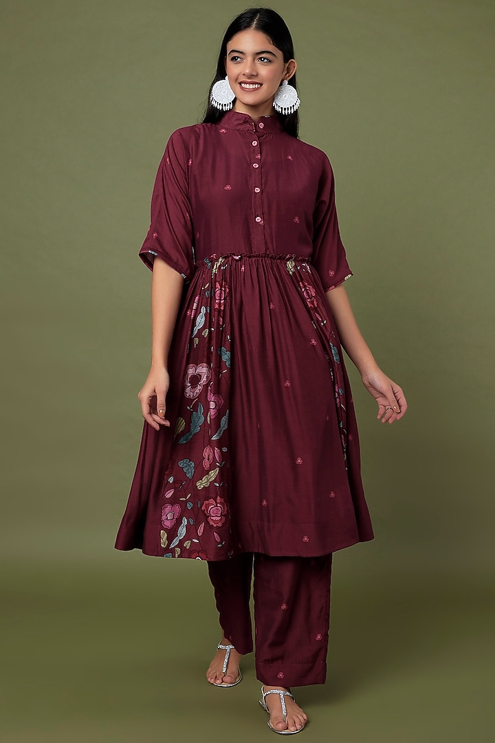 Wine Red Hand Embroidered & Printed Shirt Kurta Set by TARO at Pernia's Pop Up Shop