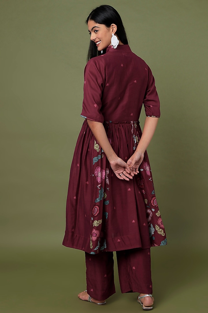 Wine Red Hand Embroidered & Printed Shirt Kurta Set by TARO at Pernia's Pop Up Shop