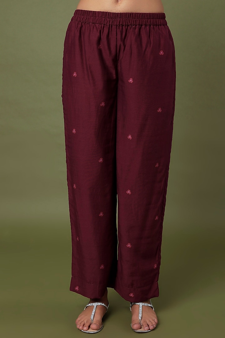 Wine Red Hand Embroidered & Printed Shirt Kurta Set by TARO at Pernia's Pop Up Shop