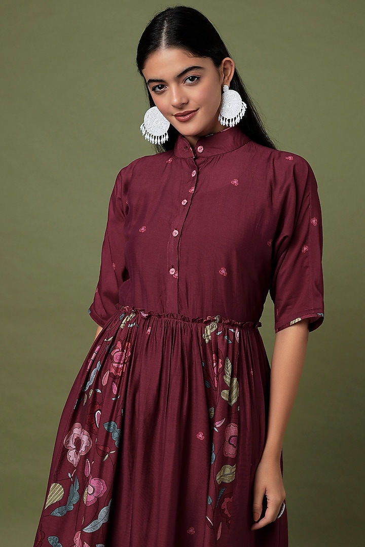 Wine Red Hand Embroidered & Printed Shirt Kurta Set by TARO at Pernia's Pop Up Shop