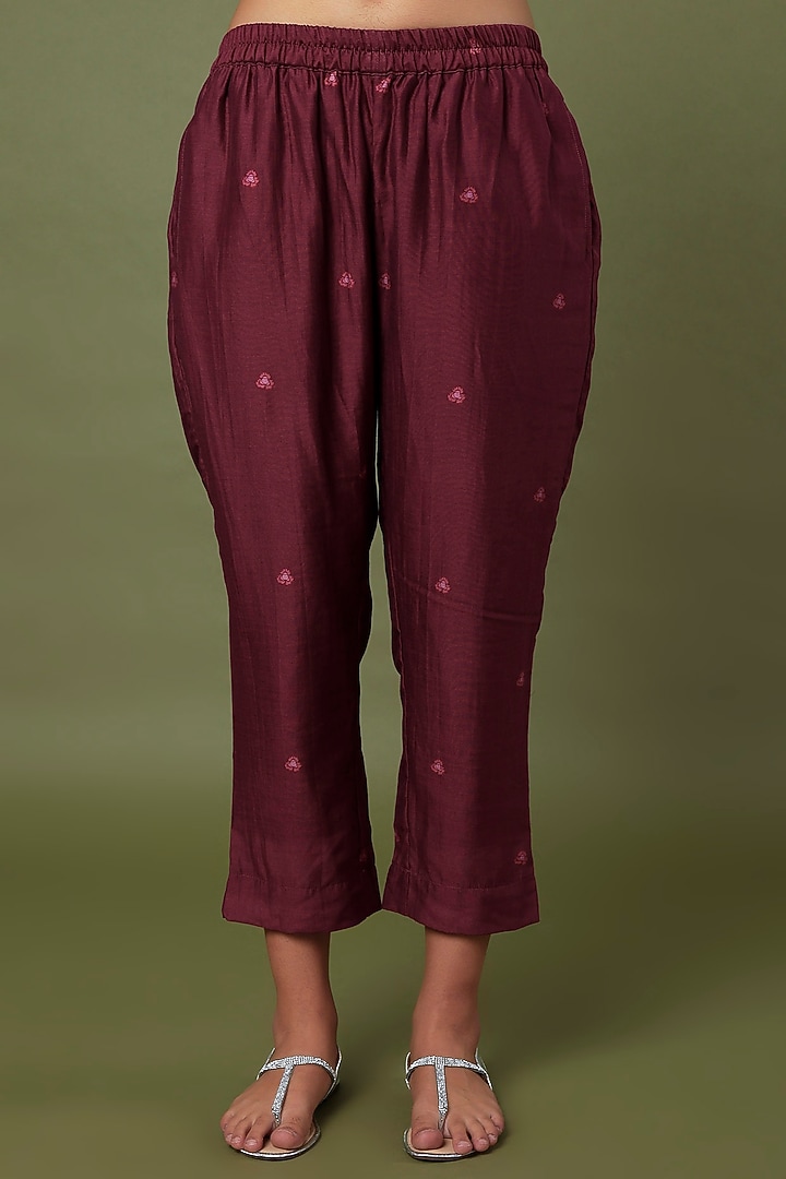 Wine Red Hand Embroidered & Printed Kaftan Kurta Set by TARO at Pernia's Pop Up Shop