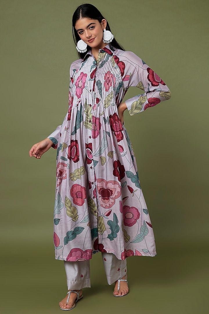 Grey Printed Shirt Kurta Set by TARO at Pernia's Pop Up Shop