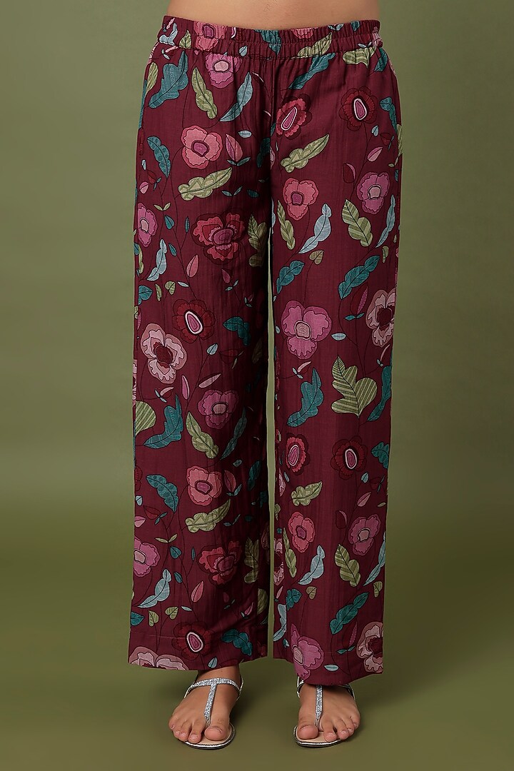 Wine Red Hand Embroidered & Printed Straight Kurta Set by TARO at Pernia's Pop Up Shop