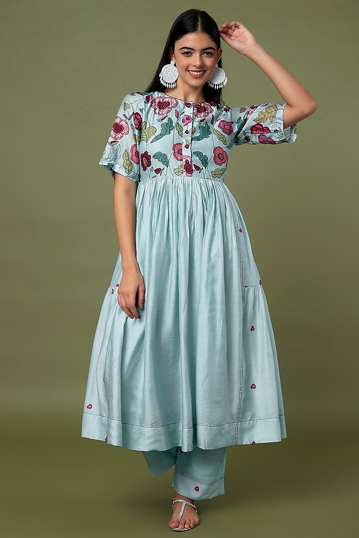 Sky Blue Hand Embroidered & Printed Tunic Set by TARO at Pernia's Pop Up Shop