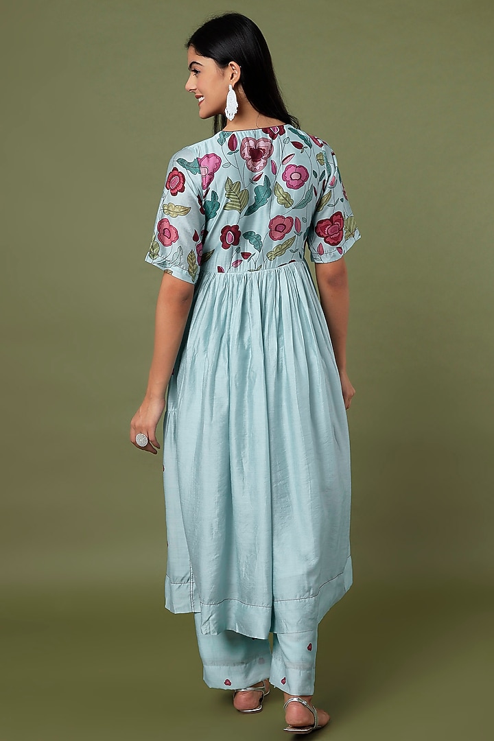 Sky Blue Hand Embroidered & Printed Tunic Set by TARO at Pernia's Pop Up Shop