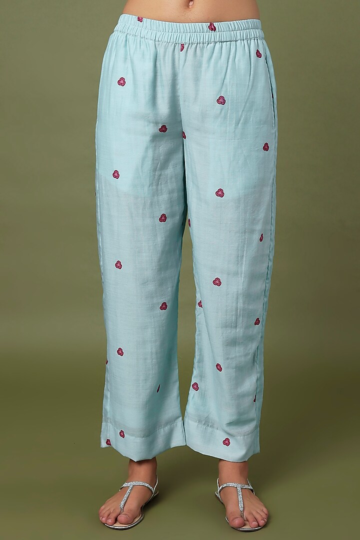 Sky Blue Hand Embroidered & Printed Tunic Set by TARO at Pernia's Pop Up Shop