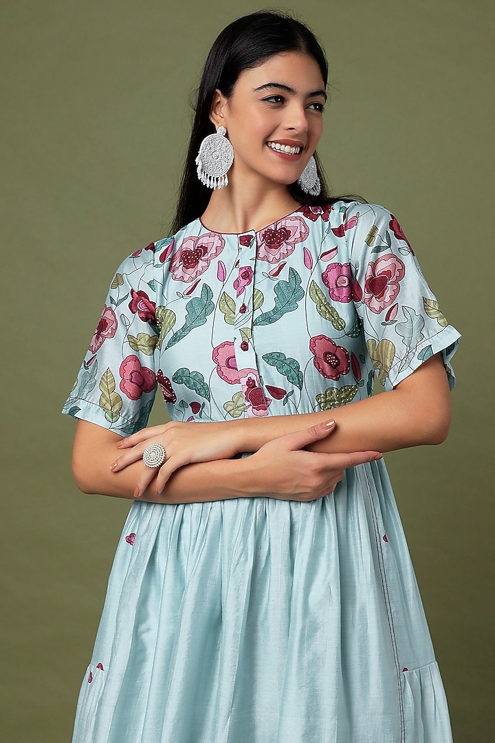 Sky Blue Hand Embroidered & Printed Tunic Set by TARO at Pernia's Pop Up Shop
