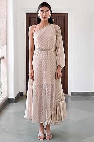 Beige Cotton Crepe One Shoulder Dress by TARO