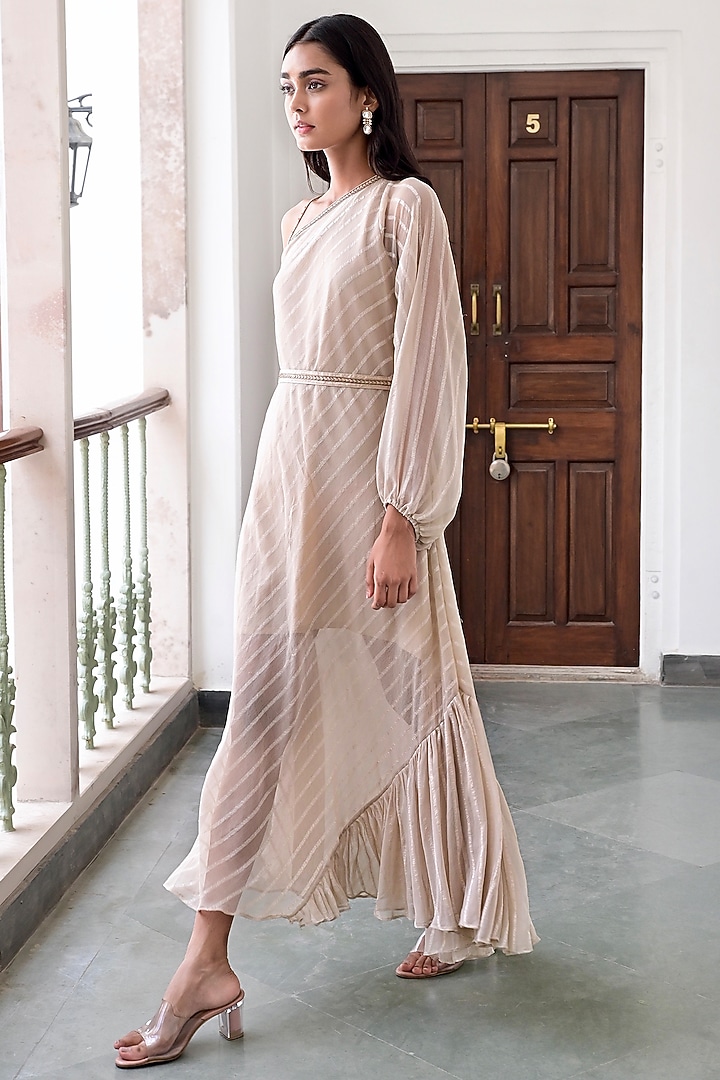 Beige Cotton Crepe One Shoulder Summer Dress by TARO at Pernia's Pop Up Shop