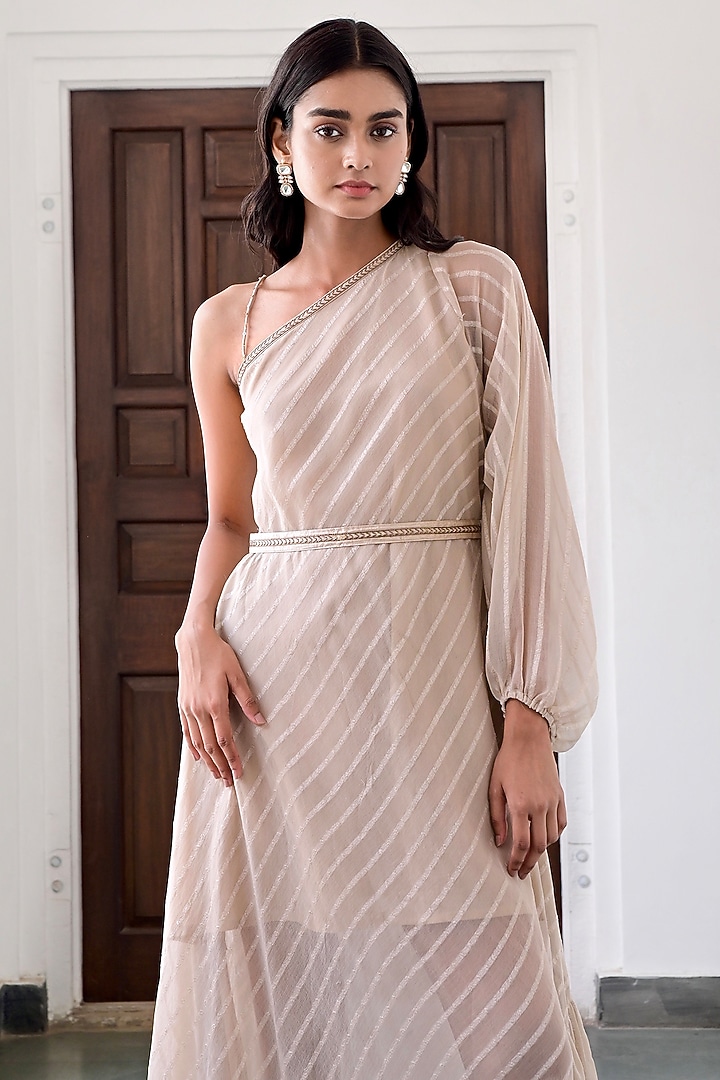 Beige Cotton Crepe One Shoulder Summer Dress by TARO at Pernia's Pop Up Shop